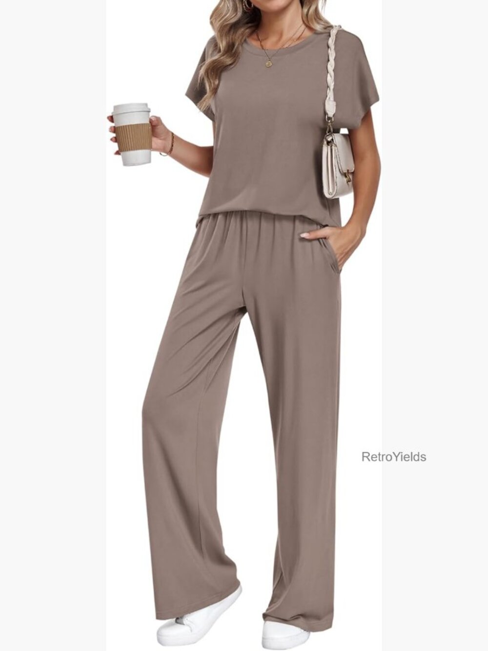 Two Piece Sets Summer Crew Neck Batwing Short Sleeve Wide Leg Pants Matching Set